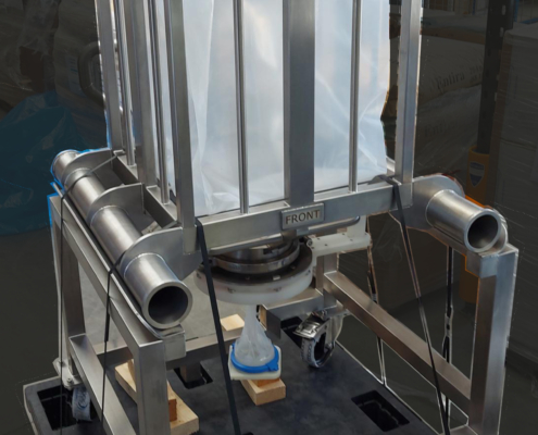 Liner in Hopper, on transport rack on wheels and section valves to control product flow.